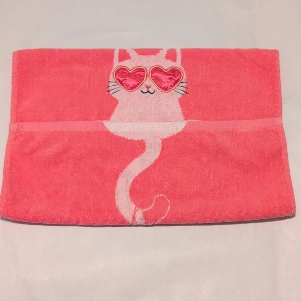 Fun Pink Cotton Cat Hand Towel with Heart Glasses & a Heart Balloon on it's Tail